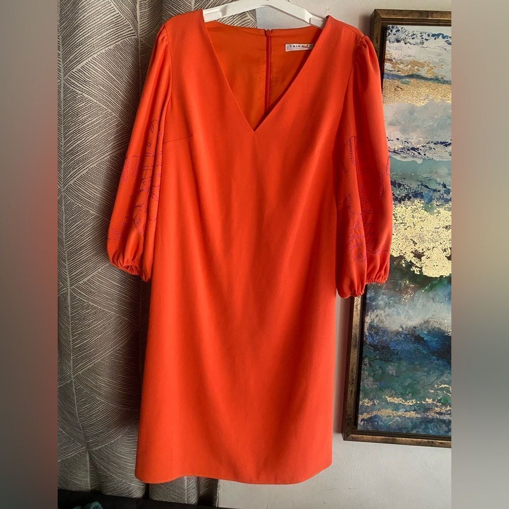 Trina Turk womens Mini Dress Orange 3/4 Balloon Sleeve Embroidered V Neck Small